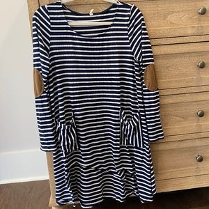 Blue and white stripe dress with pockets and elbow patch, size S from PinkBlush
